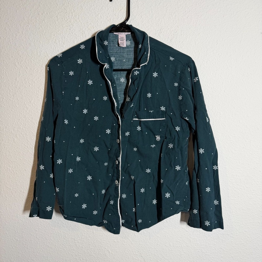 Victoria's‎ Secret Flannel Pajama Shirt Womens XS Green Snowflake Long Sleeve